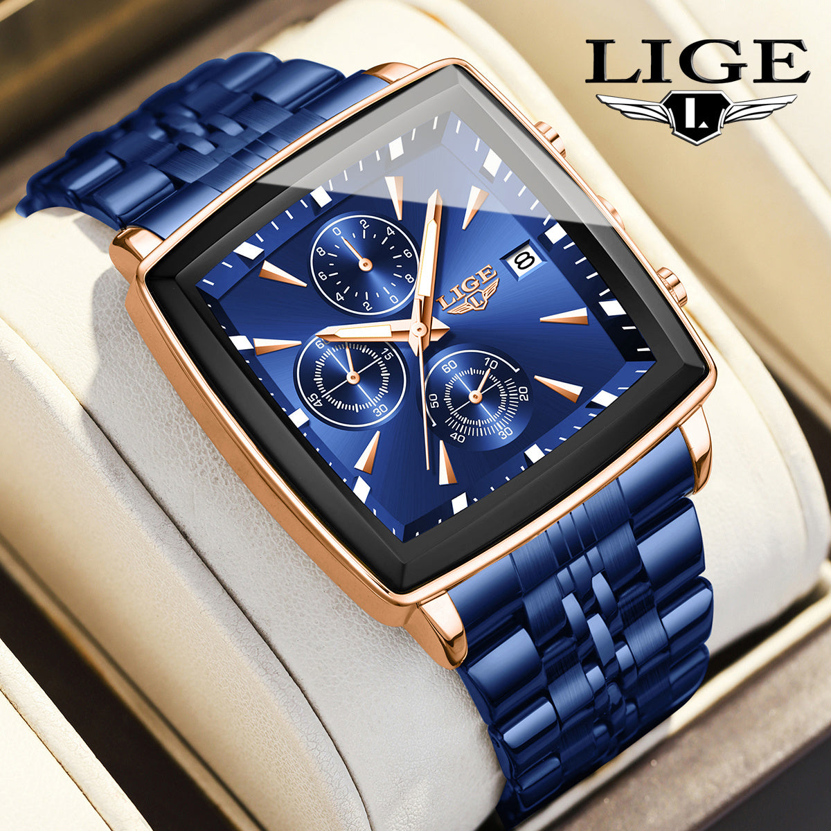 LIGE Watch Men'S Watches, Fashion Watches, Analog Watches, Youth Watches, Outdoor Sports Watches, Square Watches, Calendar Displays, Blue Watches, Black Watch, Golden Watches, Birthday Gift, Graduation Gift, Holiday Gift, Complimentary Case Opener
