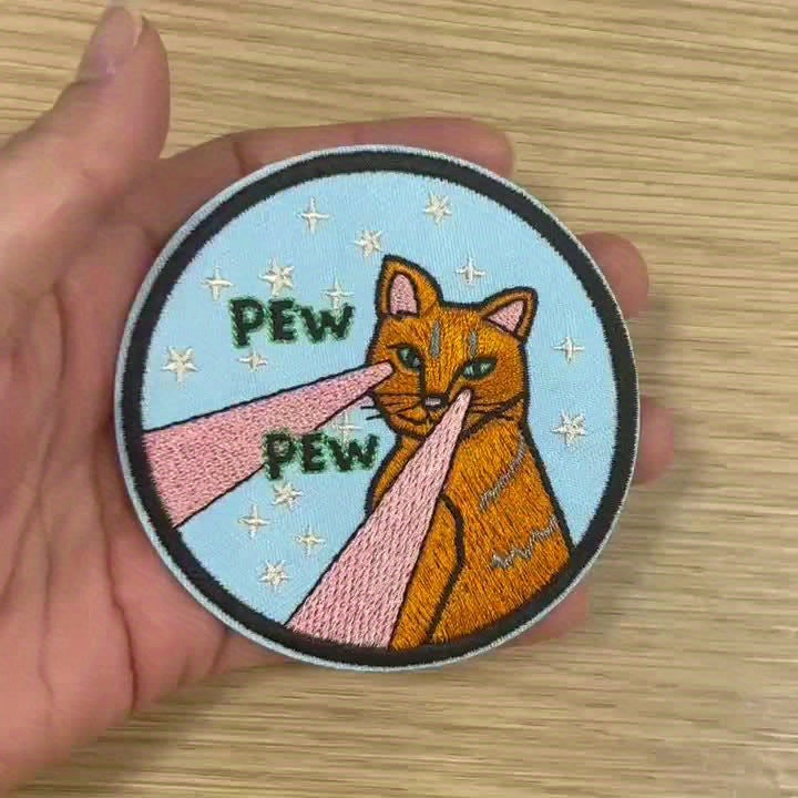 3pcs Embroidery Iron On Patches - Cute Cartoon Cat with Stars & PEW PEW Laser Design, Durable Fabric Applique Badges for Hats, Jackets, Pants, Clothes, Backpacks - Easy DIY Clothing Accessories, Playful Accessory, Vibrant Embroidery