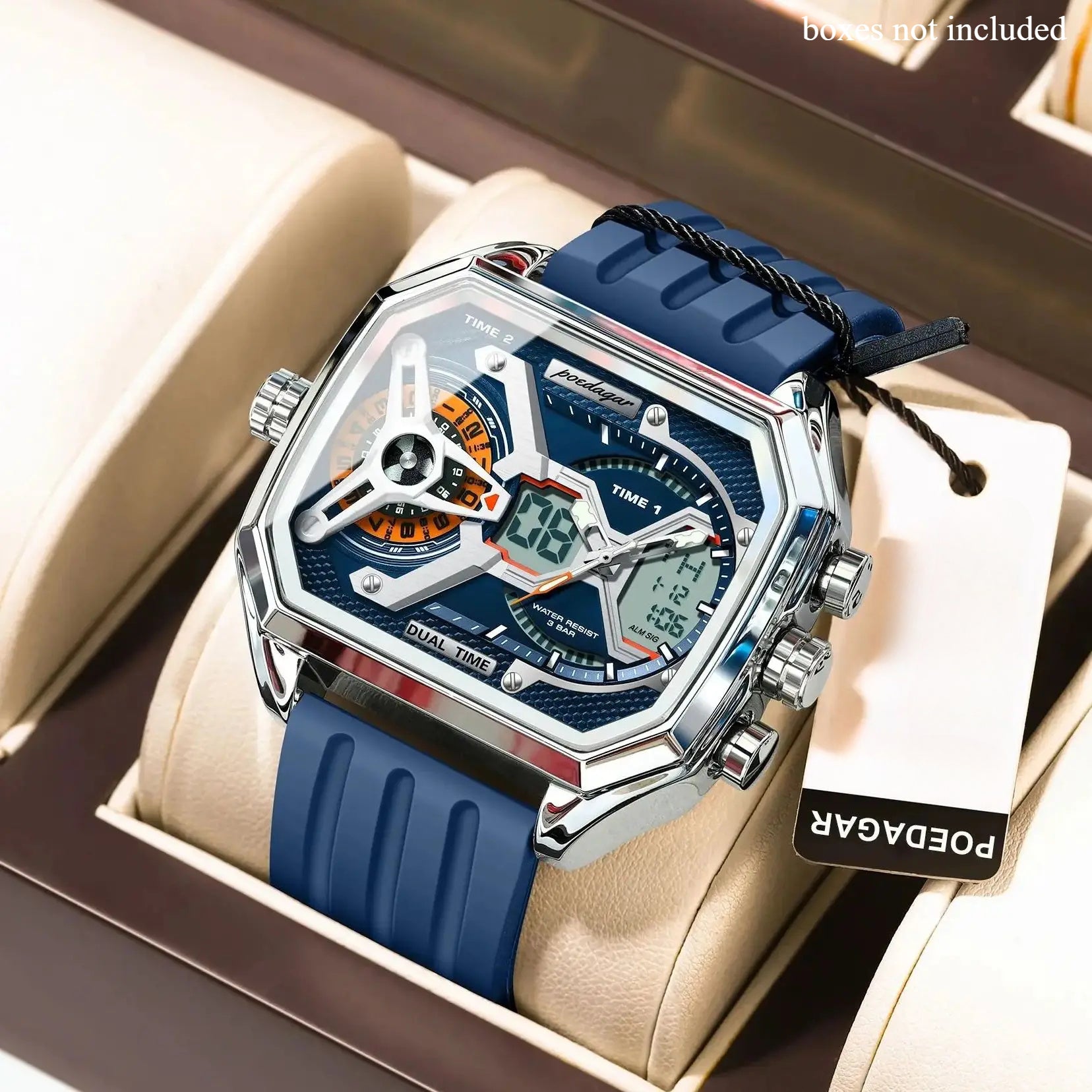 POEDAGAR E106J Men'S Sports Electronic Watch, 3ATM Waterproof, Dual Display, Fashionable Style, Silicone Band
