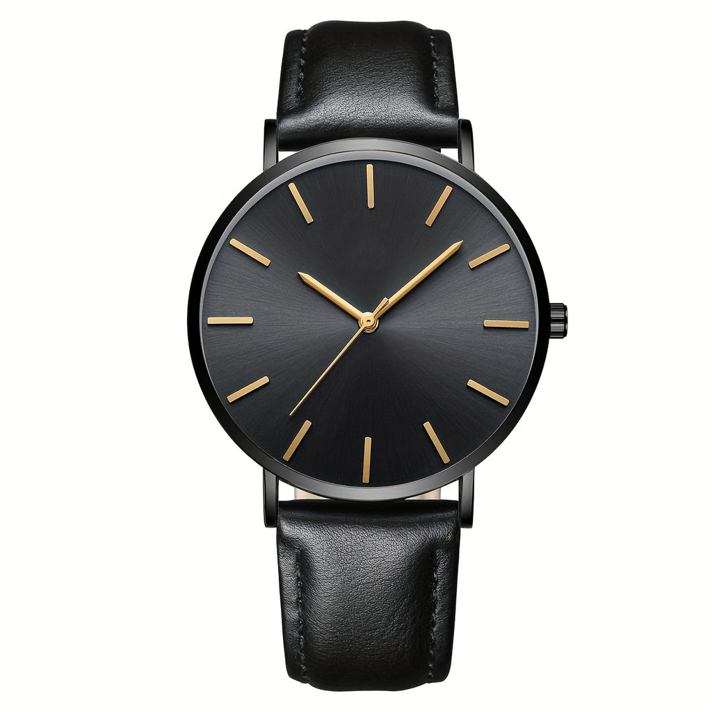 Men's Minimalist Analog Quartz Watch with Analog Display, Round Face & PU Leather Strap - Elegant Casual & Professional Wristwatch, - Hands, Low-Maintenance Operation