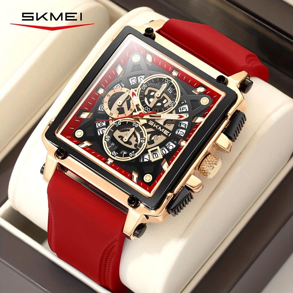 SKMEI Men'S Red Quartz Watch, Chronograph With Date Display And Luminous Hands, 3ATM Water Resistance, Suitable For Casual And Formal Wear