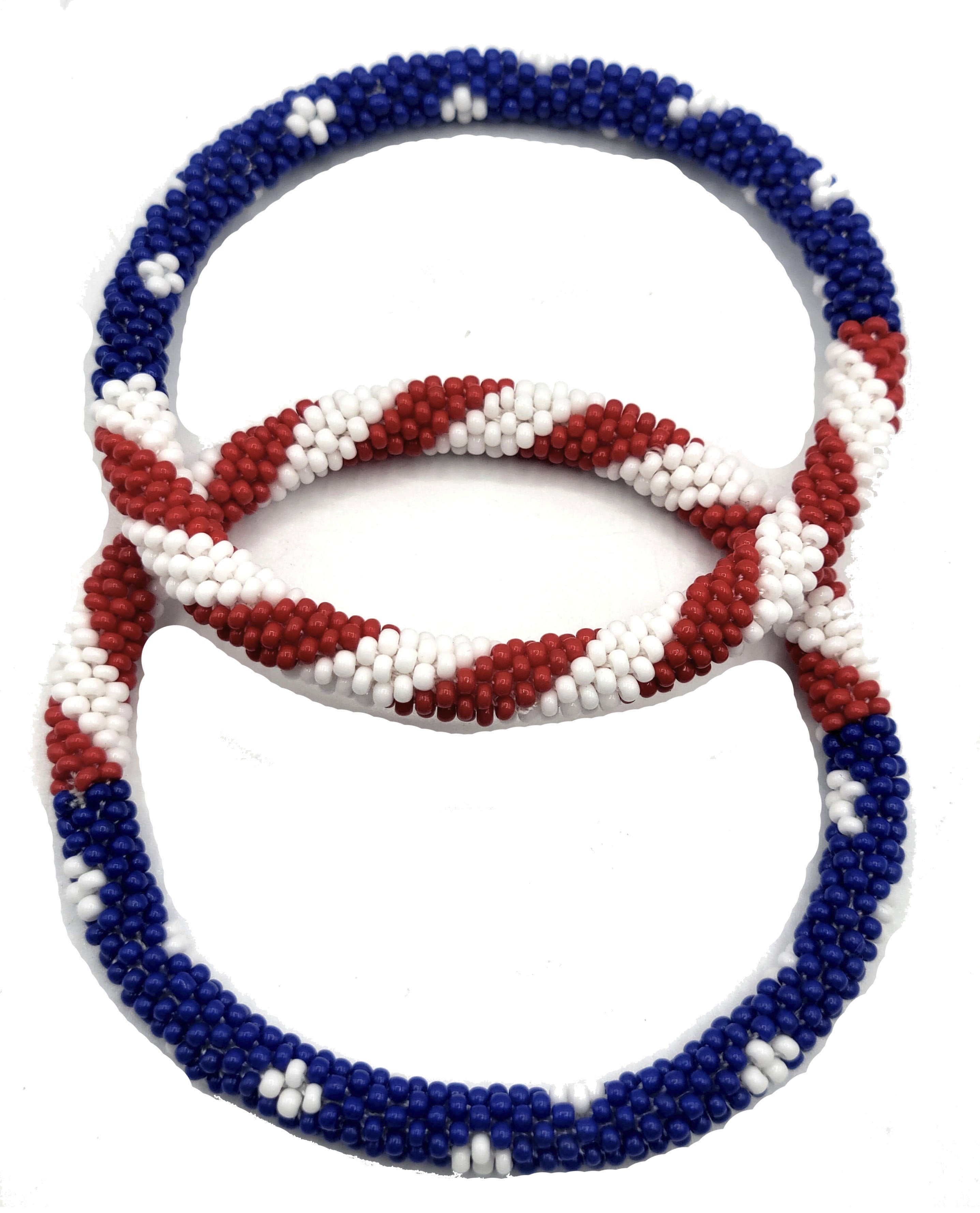 Set of 2 Handmade USA Flag Patriotic Color Design Bracelet Jewelry From Nepal – Glass Beaded Roll-On Crochet Bracelets for Men & Women, Boho Hippie Style, Artisan-Roll-On Bangles, Great Gift for USA Lovers Vacation Style Nepal Artisanship, Patriotic Wrist