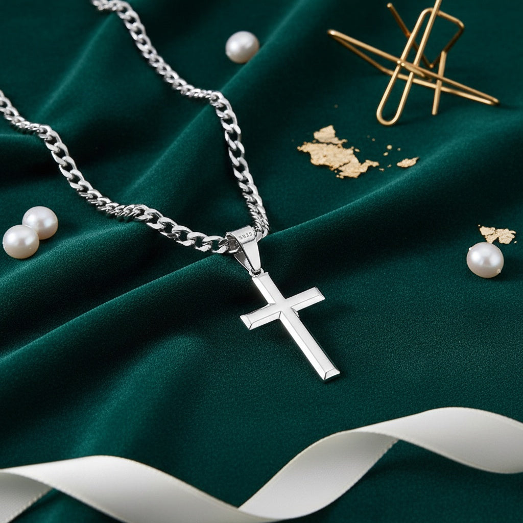 S925 Sterling Silvery (4g) 5mm Cuban Chain 24in Cross Pendant Necklace, Anniversary Christmas Gift, Gift Box