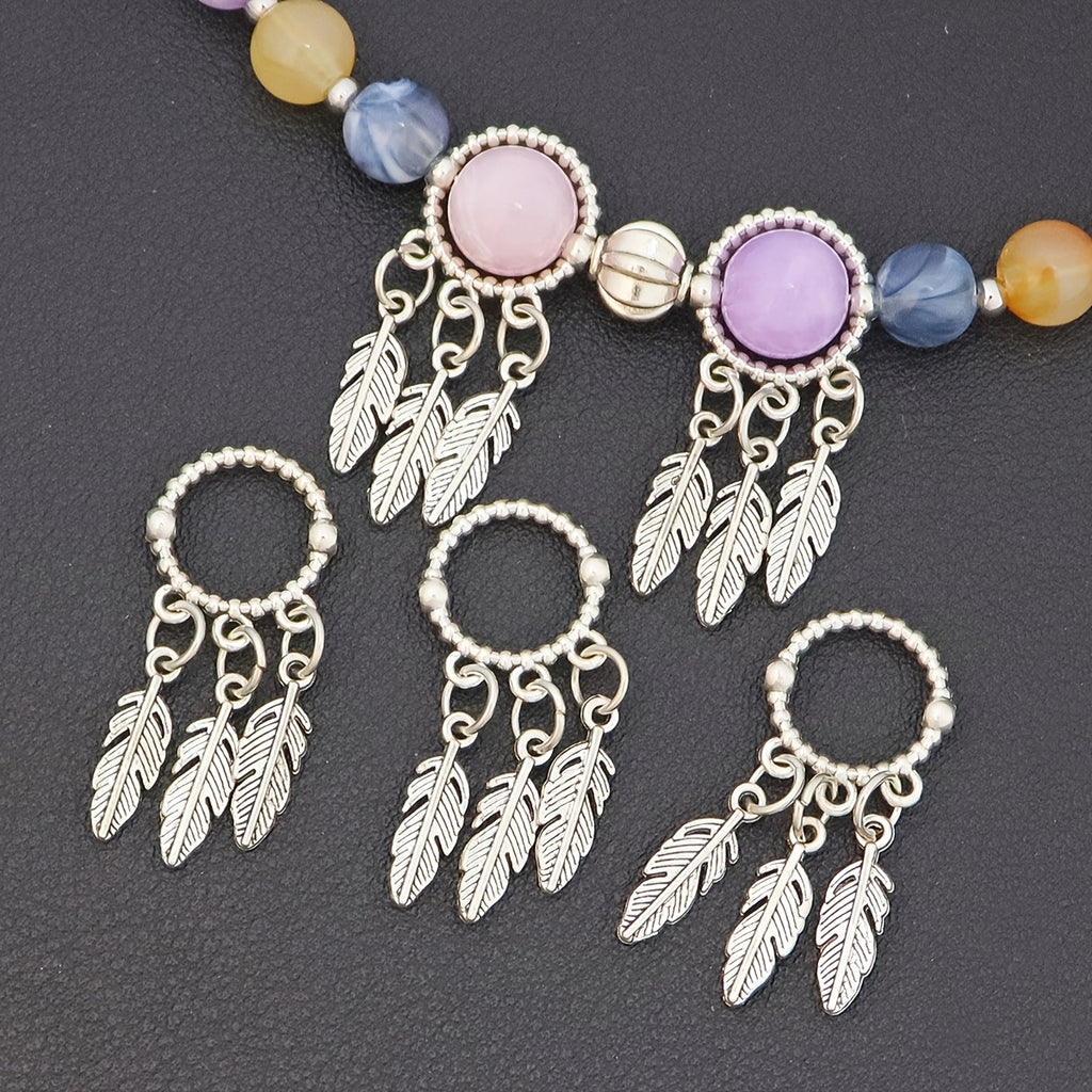 14/42pcs Of Delicate Zinc Alloy Material In Circular Shape with Feather Pendant Design, Antique Silvery Fashionable Creative Bead Frame, Suitable for Necklace, Bracelet, Anklet And Other Accessory Materials, Anklet Crafting Elements, Bracelet