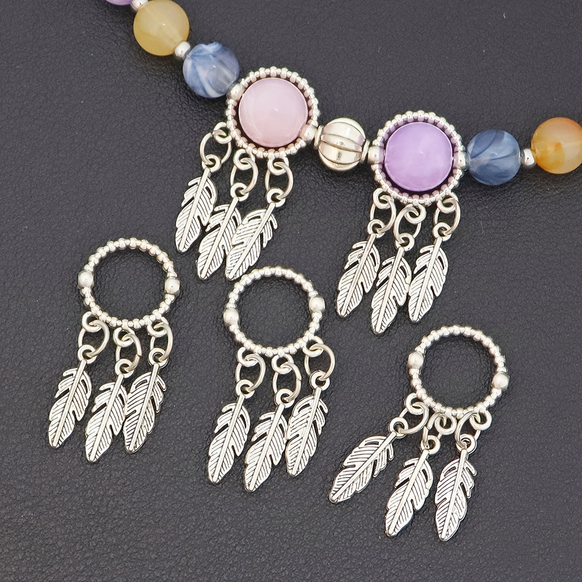 14/42pcs Of Delicate Zinc Alloy Material In Circular Shape with Feather Pendant Design, Antique Silvery Fashionable Creative Bead Frame, Suitable for Necklace, Bracelet, Anklet And Other Accessory Materials, Anklet Crafting Elements, Bracelet