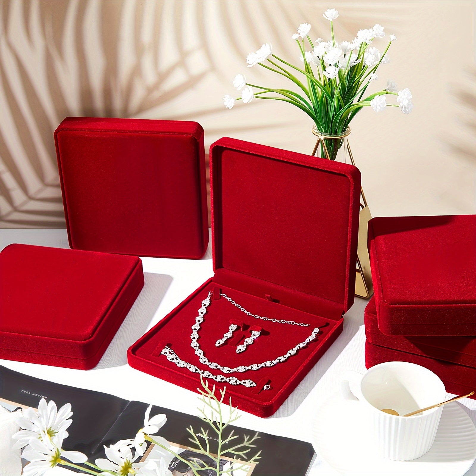 6pcs Wine Red Velvet Jewelry Box with Lid - Elegant Suitable for Wedding Travel Gift Case, Empty Jewelry Storage for, Bracelets, Necklaces, Rings | Fabric Case for Wedding Favors, Daily Use & Gift