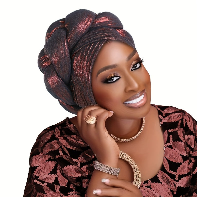 Fashion Western African Muslim Side Thick Braids Thousand Leaves Solid Color Pullover Headscarf Ethnic Hat Women'S