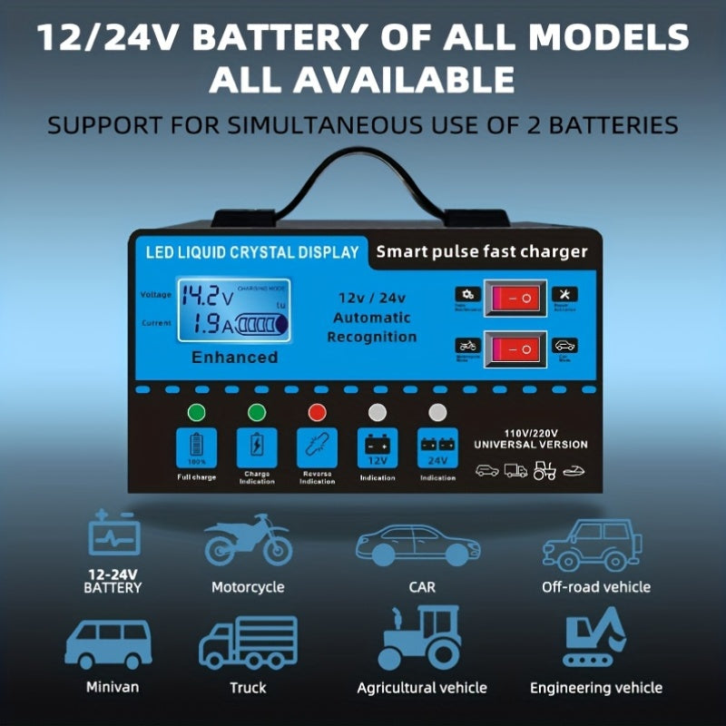 [Intelligent] 12V And 24V Intelligent Universal Battery Charger Inverter, With LCD Display Intelligent Maintenance Overcharge And Short Circuit Protection, Suitable For Intelligent Trickle Charging Maintenance Of Various Cars, Yachts, And Batteries