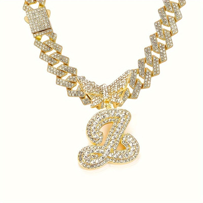 1pc Initial Letter Necklace for Men & Women - Cuban Link Chain with Butterfly Letter Pendant, - Alphabet, Suitable for Birthday/Father's Day/Mother's Day Gifts, Hip Hop Jewelry for,, Family