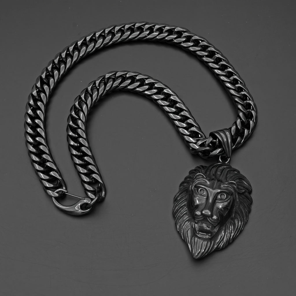 Majestic Lion Head Pendant Necklace Durable Stainless Steel Cuban Chain Fashion Black End Men'S Bold Statement Jewelry