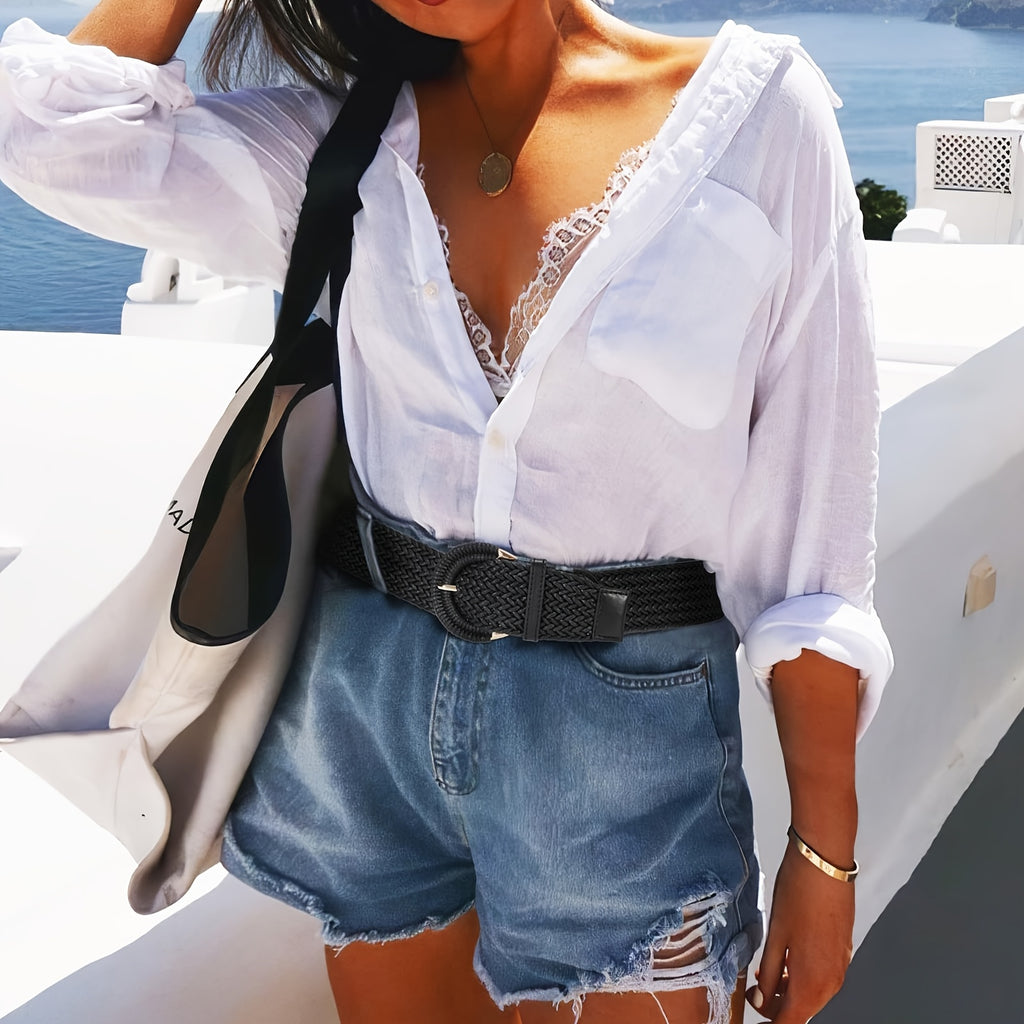 Women'S Braided Rattan Wide Belt Waist Belt with Half-Circle Buckle for Summer Dress Jeans Pants
