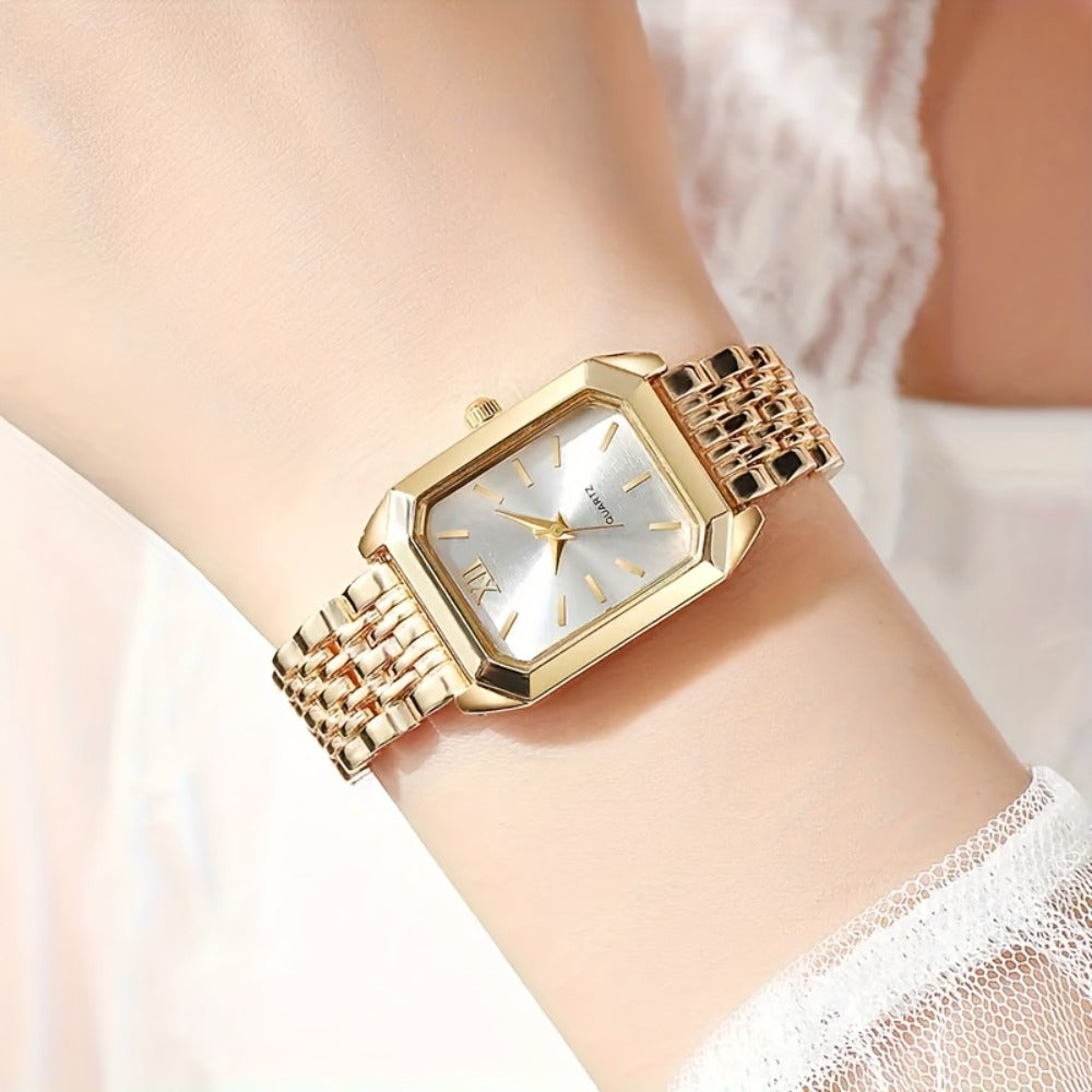 5pcs Women'S Stylish Elegant- Golden Tone Quartz Watch& Jewelry Set- Square Golden White Dial with Matching Necklace, Earrings, Ring- Parties Jewellery for women Set- Ideal Choice for Christmas Gift, Formal Occasions, Party Accessories