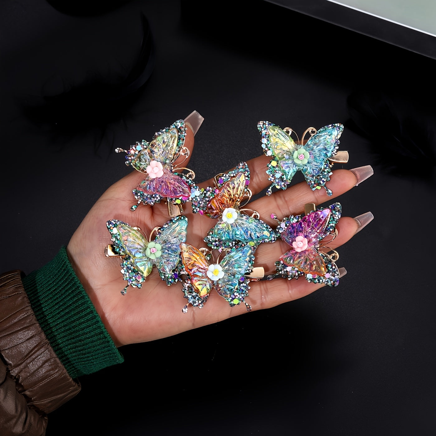 12pcs/set New Luxury Shiny Sequin Double-layer Butterfly Clip, Women'S Fashionable Double-layer Acrylic Butterfly Hair Clip, Suitable For Daily And Holiday Party Wear, Women'S Y2k Headwear Hair Accessories