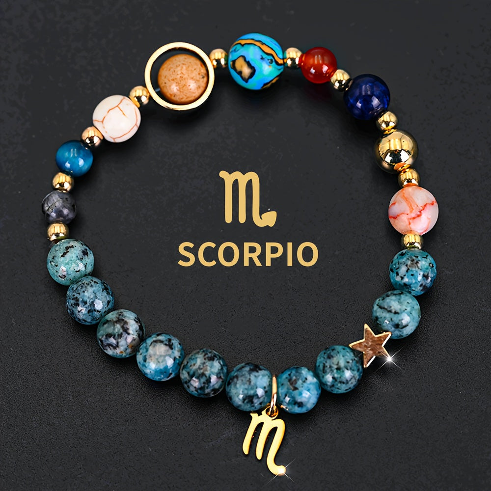 [Cosmic Galaxy Bracelet] 1pc Cosmic Galaxy Imperial Green Natural Stone Eight Planets Ladies 12 Constellation Bracelet Zodiac Pendant Libra Virgo Sagittarius Jewelry Valentine's Day Couple Gift