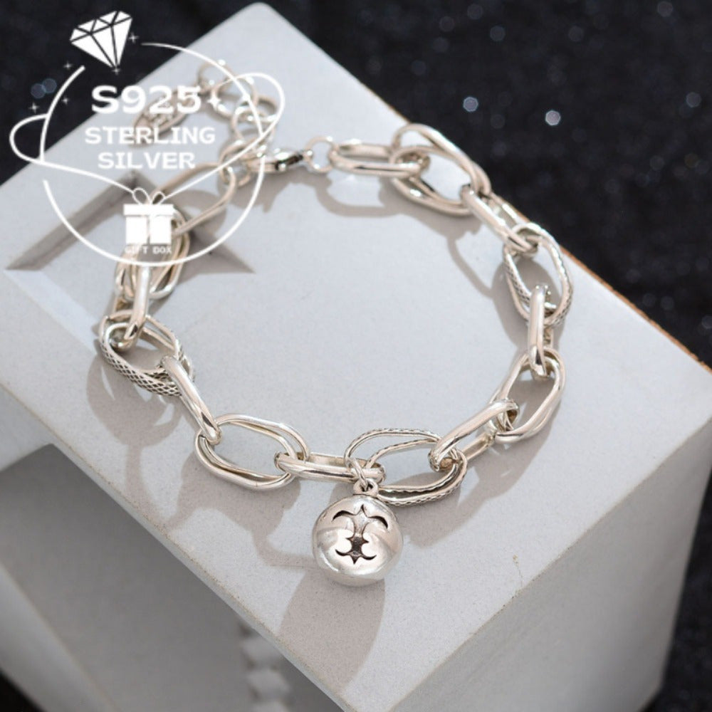 925 Sterling Silver Retro-Style Ball Chain Women's Bracelet - Hip-Hop Punk Style, Thick Chain and Bell Charm, Cool Minimalist Fashion Accessory, Daily Wear Gift, Hip-Hop Jewelry, Durable Bracelet