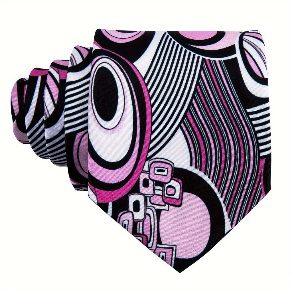 VERVEROW 4pcs Men'S Frivolous Tie Pink Red Printing Tie Breathable Necktie Hanky Square Cufflinks Ring Set Wedding Party Groomsman Gift