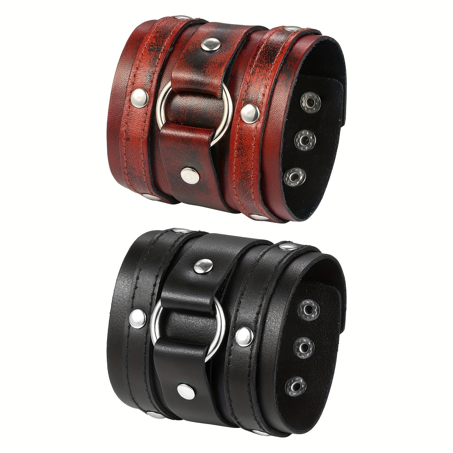 Flongo Men'S Punk Rocker Biker Bracelet Wide Faux Leather Straps Wristband Cuff