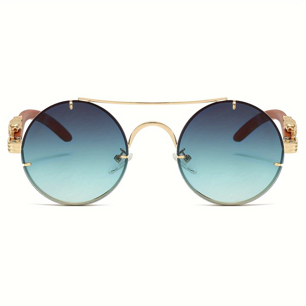 Fashionable Round Metal Frame Sunglasses with Gradient PC Lenses - Includes Protection Case - Luxury Double Bridge Design, Leopard Detail Hinges, Stylish And Chic for Both Men And Women, Perfect for Vacation, Street Photography, And As a Unique Gift