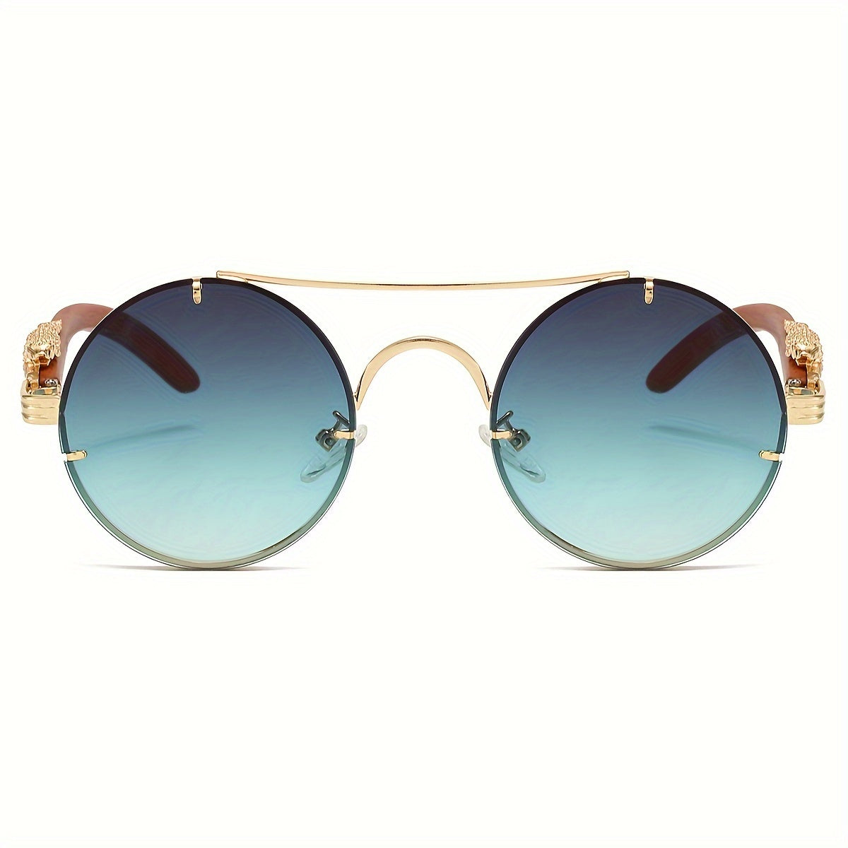 Fashionable Round Metal Frame Sunglasses with Gradient PC Lenses - Includes Protection Case - Luxury Double Bridge Design, Leopard Detail Hinges, Stylish And Chic for Both Men And Women, Perfect for Vacation, Street Photography, And As a Unique Gift