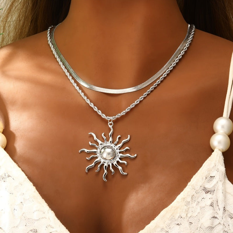 Elegant Double Layer Snake Bone Chain Necklace with Sun Flame Pendant for Women, Bohemian Style Jewelry for Casual Attire or Gift, Gift for Women | Flame Motif Design