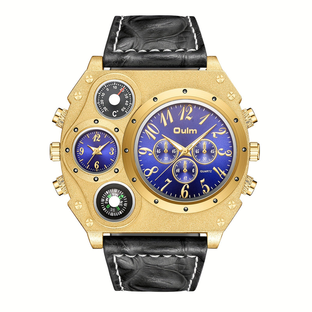 Men 2 Time Zone Big Quartz Watch Mens Faux Leather Wrist Watch Casual Sports Wirstwatch