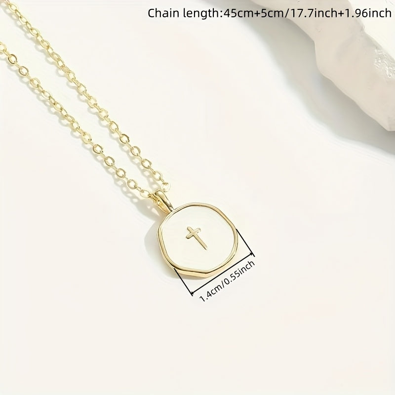 1 Irregular Shaped Enamel Decorated Golden Mini Cross Pendant Necklace, Elegant And Simple Jewelry Accessory for Women And, Hypoallergenic, Durable Stainless Steel Collarbone Chain, Perfect Christian Gift Jewelry