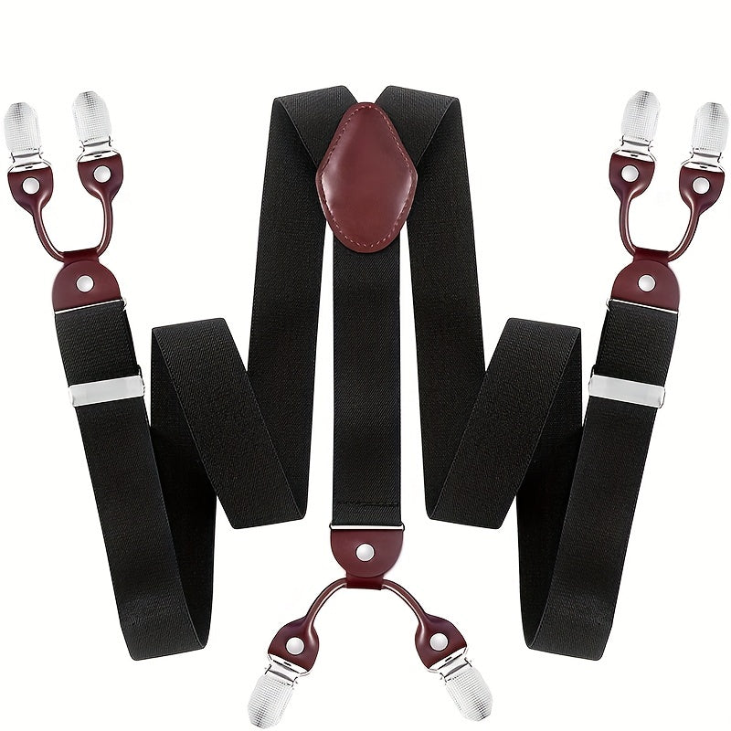 Men'S Suspenders, Suit Brace Y-back PU Leather Heavy Duty Suspender With 6 Metal CliP