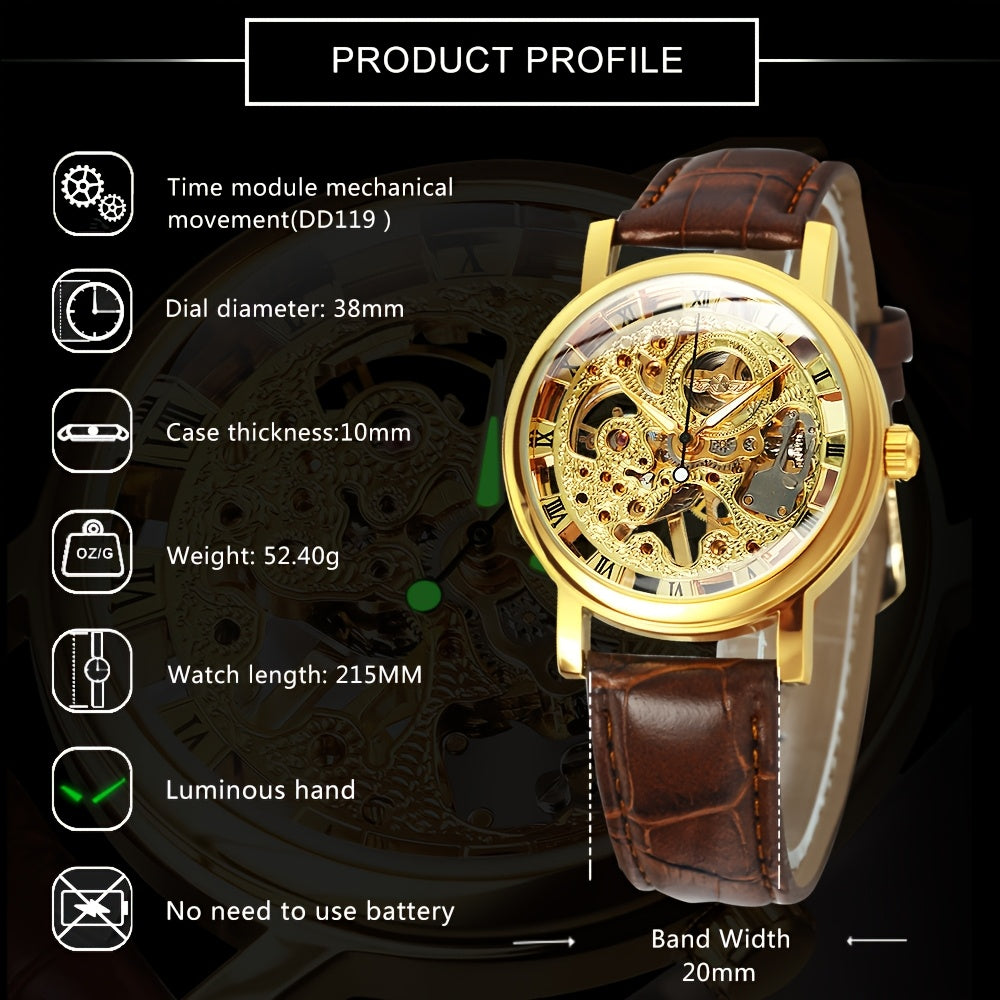 1pc Classic Luxury Golden Skeleton Hand Winding Mechanical Watches for Men Luminous Hands Top Brand Business Casual Retro Watch Festival Birthday Gifts