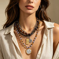 [Multi-Layer Stackable Necklace] Bohemian Vintage Multi-Layer Stackable Necklace For Women, Tiger's Eye Beaded Niche Design Nautical Compass Pendant Clavicle Chain