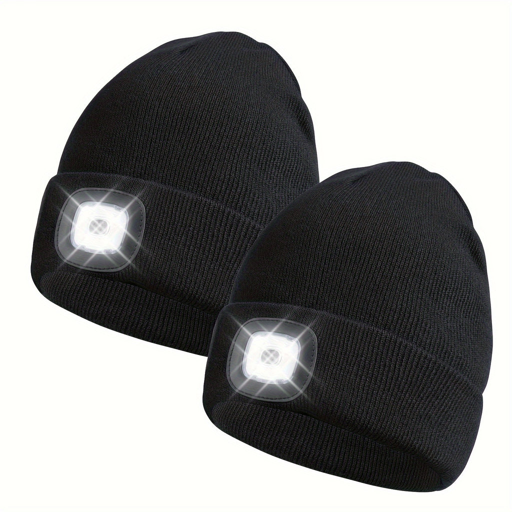 Night Safety LED Beanie Hats, USB Rechargeable Knit Hat, for Camping Hiking Running, 2-Pack, Great Unisex Xmas Gift