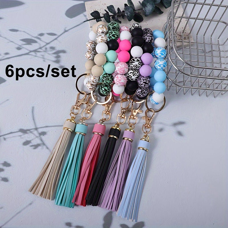 6pcs/set Wooden Beads And Bead Shaped Wristband Keychains with Tassels, Perfect for DIY Jewelry Or Handbag Keychains, Suitable As Gifts for Friends And Mothers