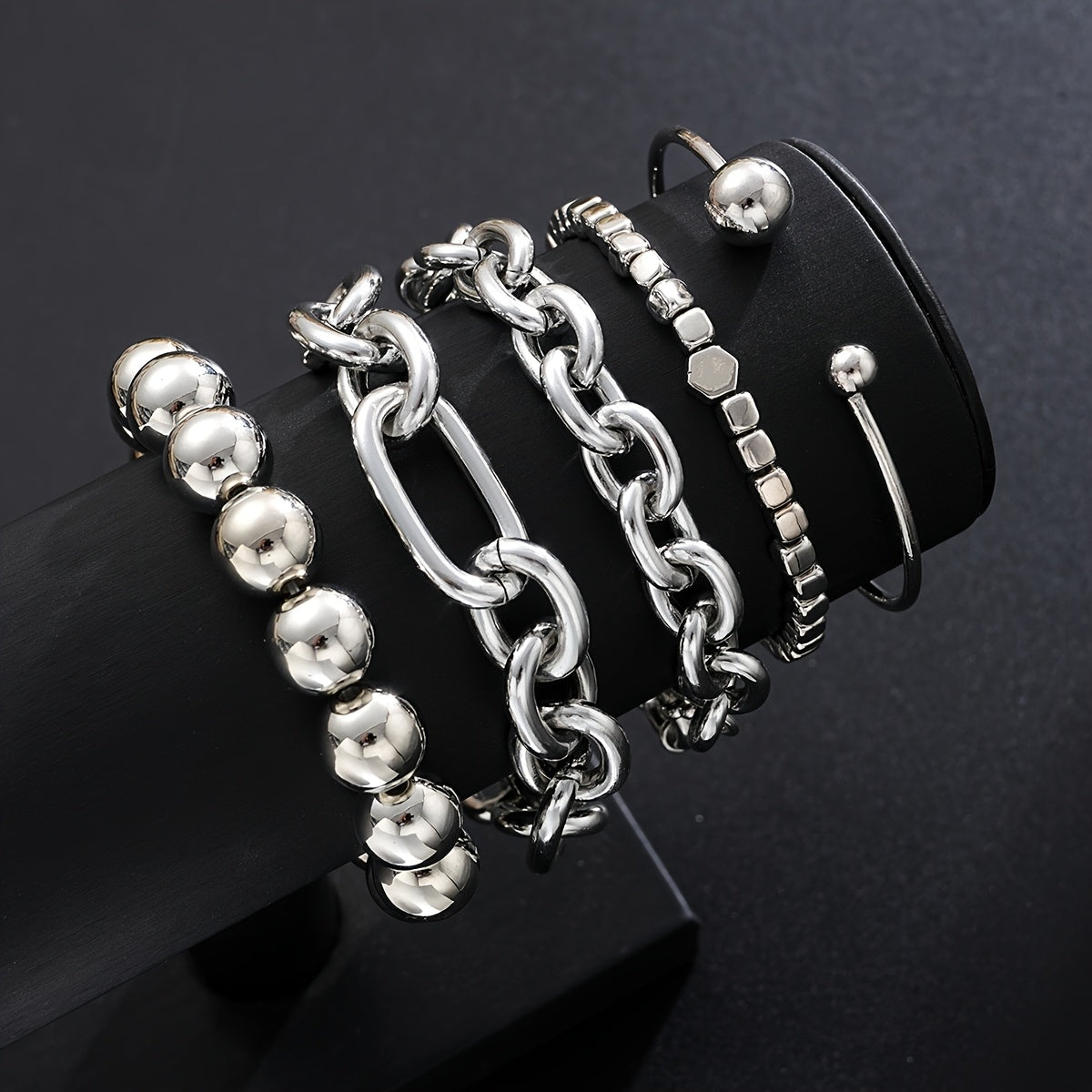 5pcs Women's Fashion Bracelet Set: Stylish, Minimalist, Exaggerated, High-End Round Bead, Square, and Bold Chain Bracelets for Women, Perfect for Daily Wear, Vacation, Dates, Parties, Gifts, Holidays, Birthdays, Travel, Mother, Girlfriend, Friend, Or