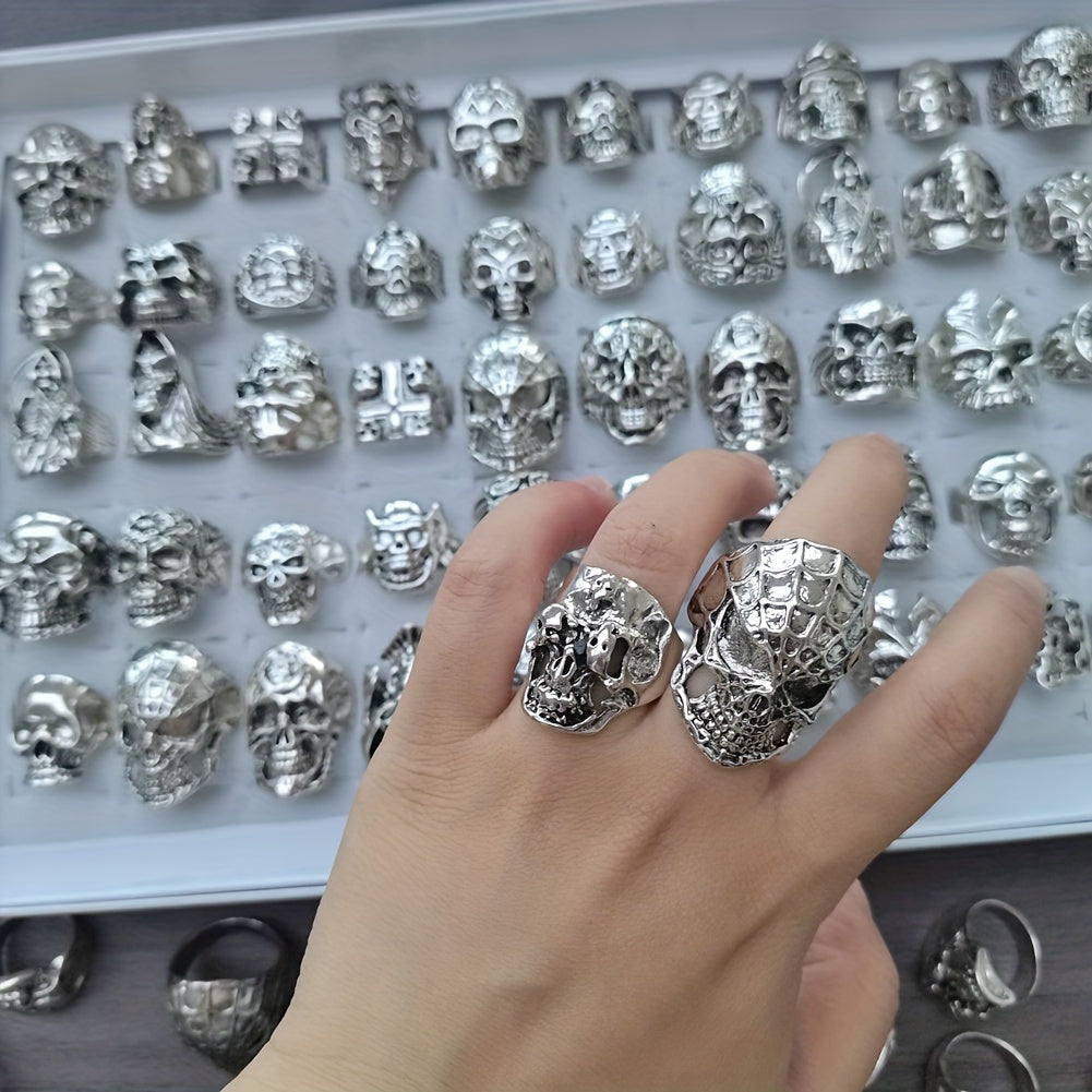 30/50pcs Men'S Punk Gothic Biker Skeleton Skull Heard Ring, Vintage Band Rings, Unisex Punk Hip Hop Style, Halloween Party Jewelry