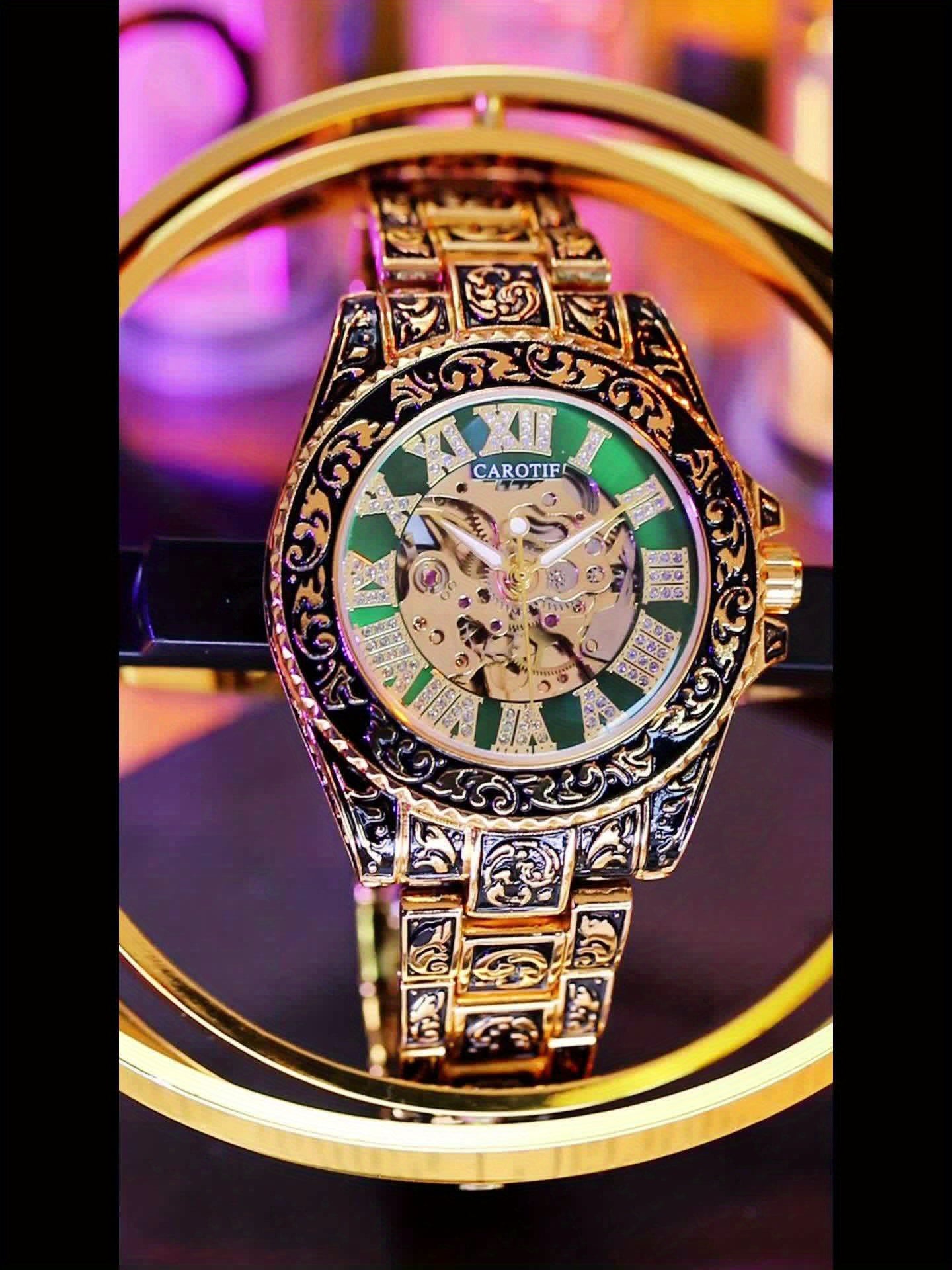 [Automatic Mechanical Watch] 1pcss Men's Golden Green Steel Belt Retro Style Classical Fashion Rose Carving Automatic Mechanical Watch, Without Battery