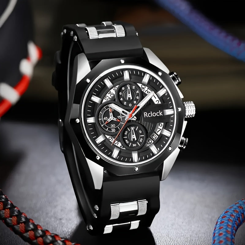 1pc Men'S Vintage Sports Chronograph - Large Round Dial, Silicone Strap, Quartz Movement, Calendar Function, Non-Waterproof Zinc Alloy Case, Battery-Powered Electronic Drive, Perfect Gift for Him
