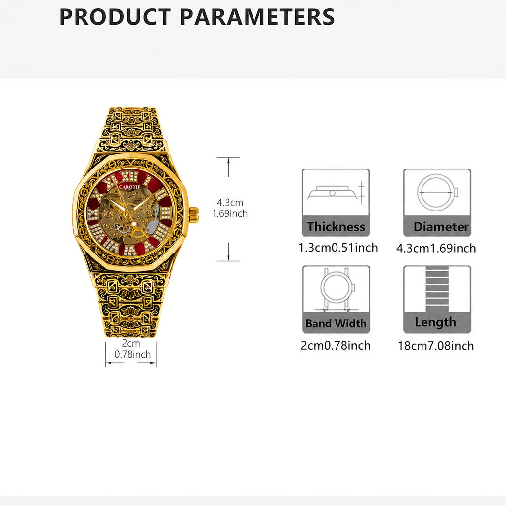 [Automatic Mechanical Watch] 1pcss Men's Golden Green Steel Belt Retro Style Classical Fashion Rose Carving Automatic Mechanical Watch, Without Battery