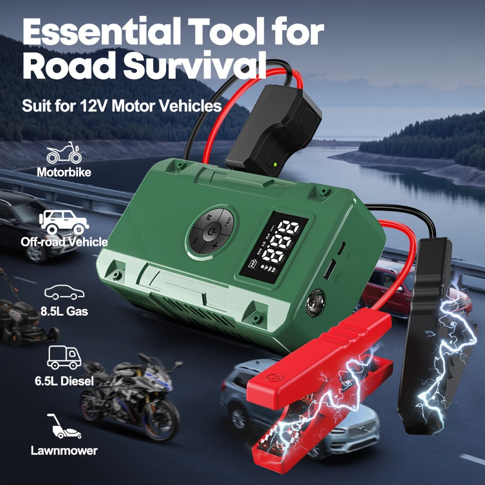 10000A 7-in-1 Multi-Function Emergency Jump Starter with Air Pump, 150PSL Car Battery Booster, Tire Inflator, Portable Vehicle Battery Charger, Suitable for 2.64-Gallon Gasoline or 2.38-Gallon Diesel Batteries, LED Emergency Light