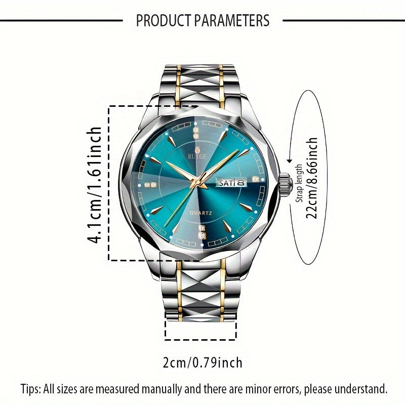 RUIGE Men'S Fashion Trend Quartz Watch | Night Light Dual Calendar, Diamond Shaped Watch Mirror, Stainless Steel Case, Alloy Strap, Business Leisure, Ideal Gift for Father'S Day