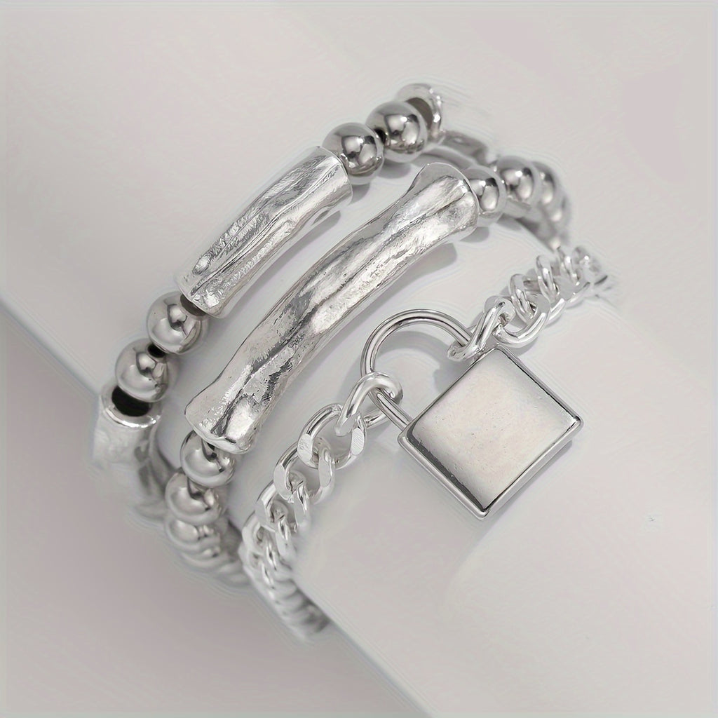 3pcs 925 Silver Exquisite Silvery Beaded Punk Bracelet Set with Lock Pendant