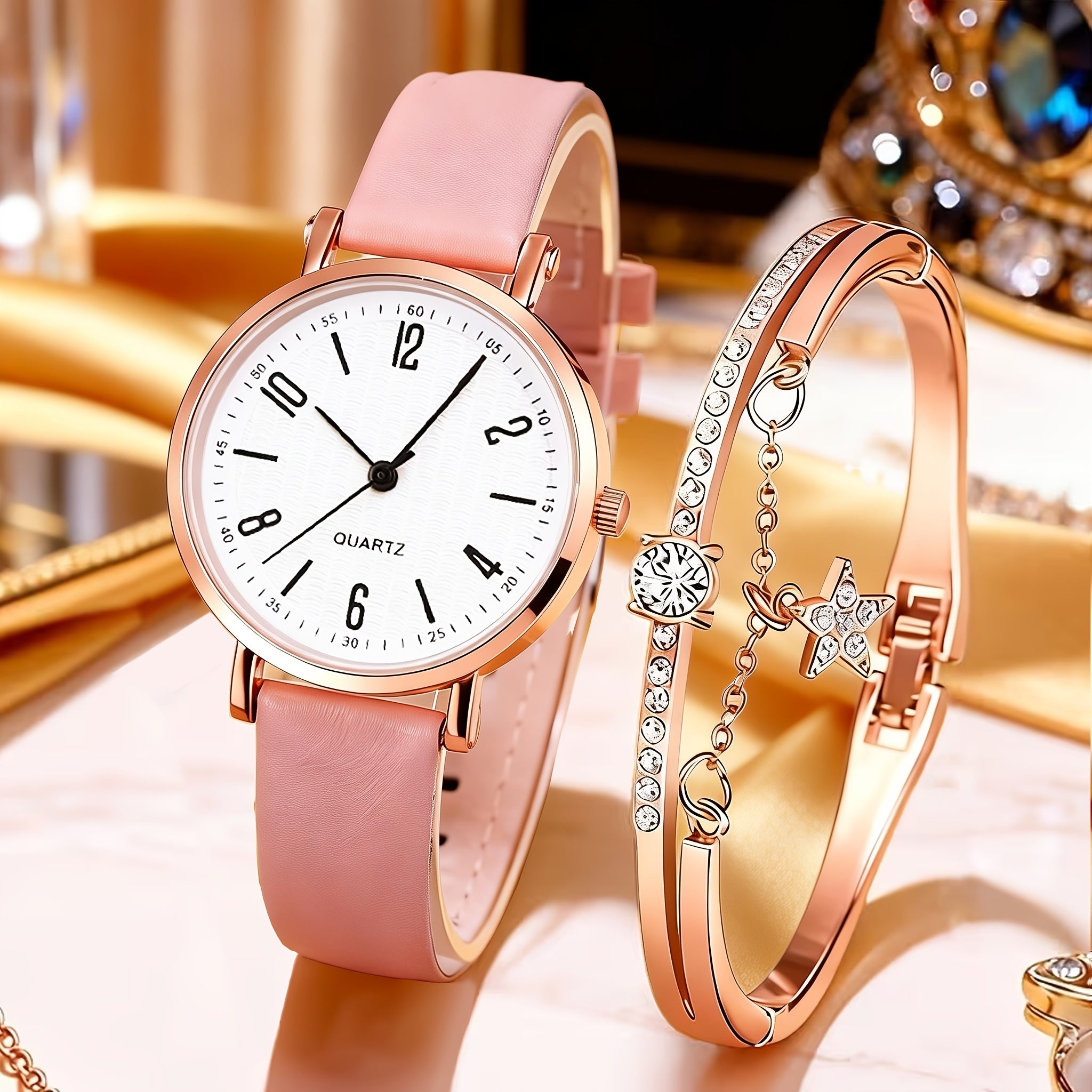 This Is a Set of Two Stylish Quartz Watches Featuring a Rose Golden And Pink Faux Leather Strap, Adorned with Sparkling Rhinestones. The Round Dial Showcases a Heart Design, Making It an Ideal Gift for Valentine'S Day, Birthdays, And Parties