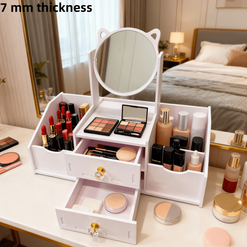 Jewelry Box, Small Makeup Storage, Requires Manual Assembly, Cute Cat Ear High-definition Mirror, Sweet and Exquisite Design, Light Luxury and Exquisite, Suitable for Use in the Living Room, Washbasin, and Dressing Room.
