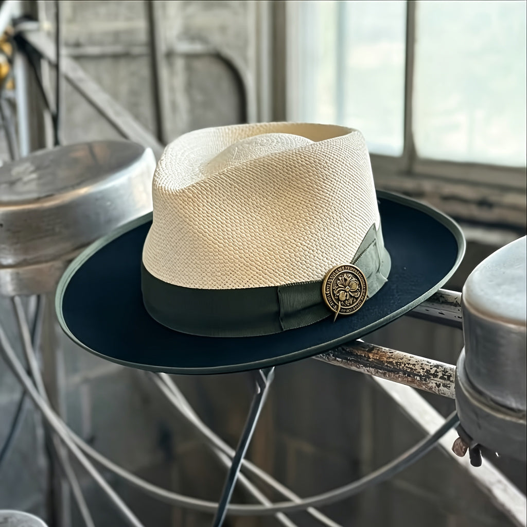 Hand- Panama Color Matching Spring And Summer Hat, Men'S And Women'S Valentine'S Day Gift, Wedding Style Unisex, Head Circumference 22.44-23.62inch, Adjustable Hat Circumference