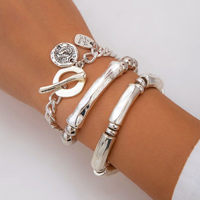 [For Any Occasion] 3pcs 925 Silver Bracelets for Women Chunky Bangles Set Silvery Stacked Bracelets for Any Occasion Hip Hop Bracelet