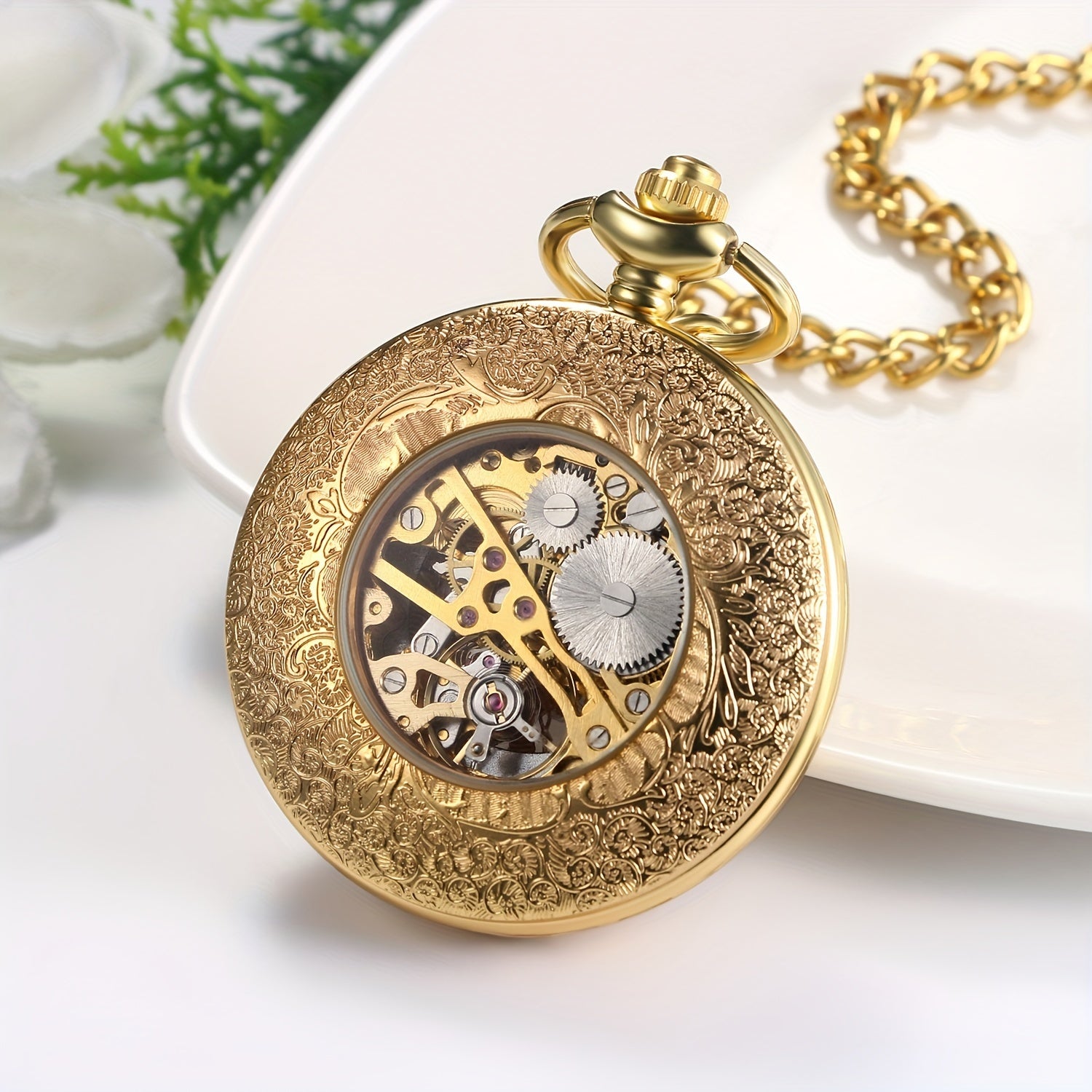 [Mechanical Golden Pocket Watch] Jewelrywe Mens Pocket Watch Mechanical Golden Case Hollow Hands Chain Hand-Winding Luxury