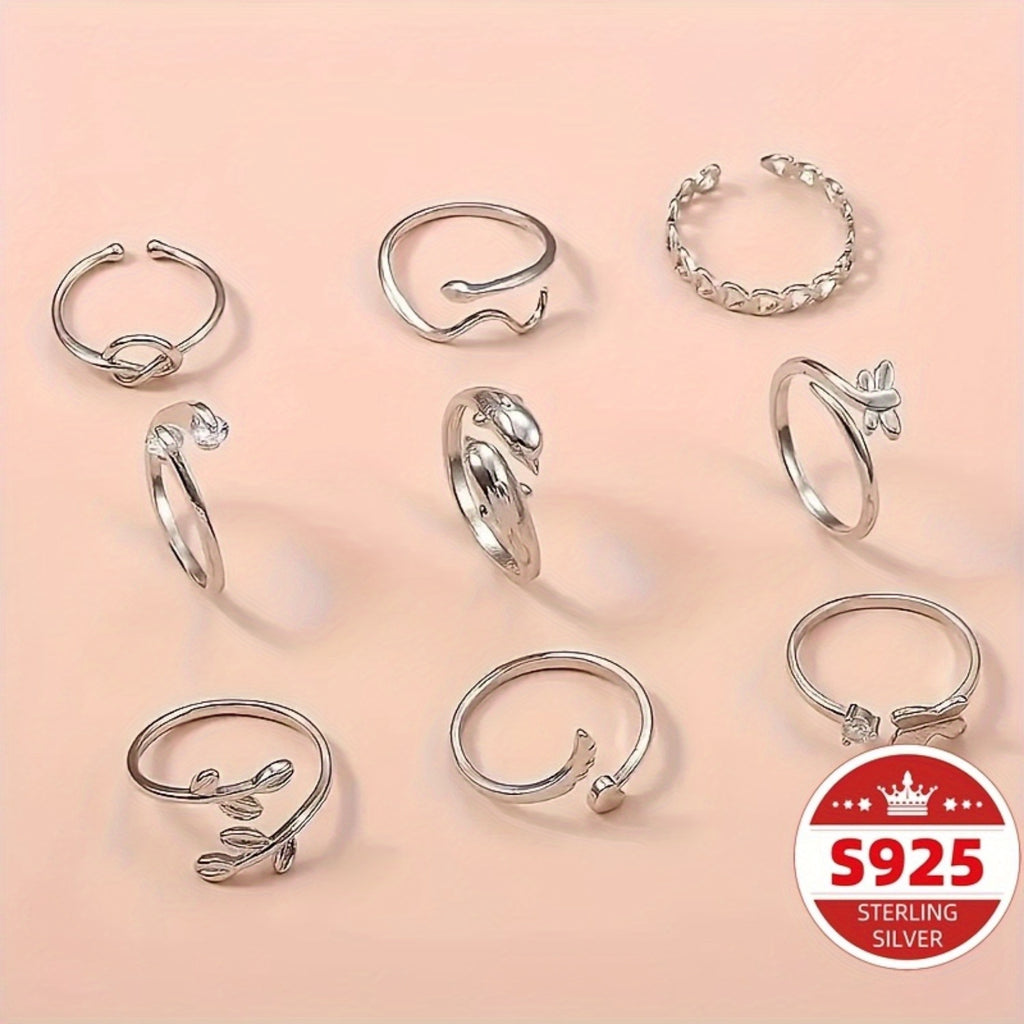 9pcs S925 Sterling Silver Adjustable Foot Ring Set Snake Butterfly Dragonfly Dolphin Heart Leaf Etc Shape Foot Ring Set for Women