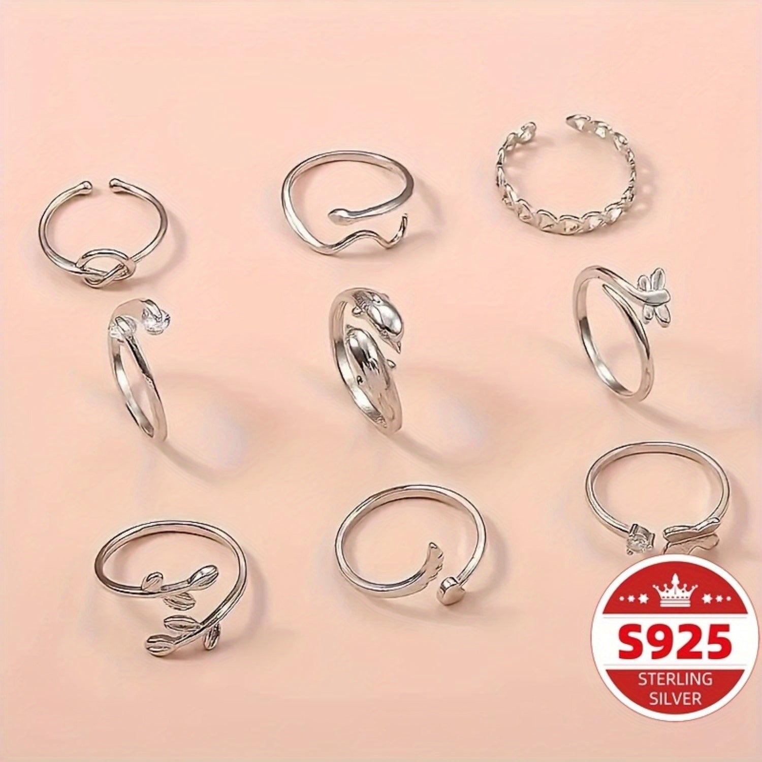 9pcs S925 Sterling Silver Adjustable Foot Ring Set Snake Butterfly Dragonfly Dolphin Heart Leaf Etc Shape Foot Ring Set for Women