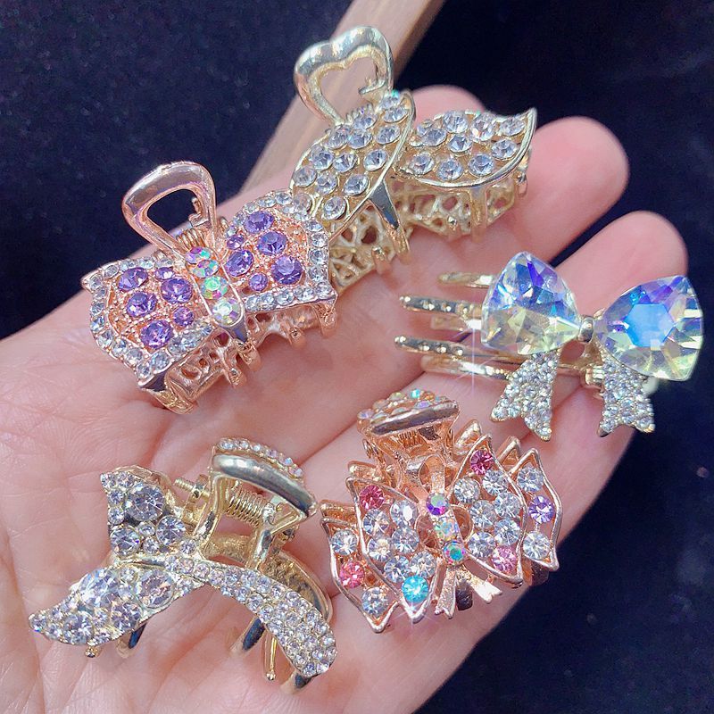 Random 10pcs Luxrious Zirconia Bow Hair Additions for Women- Charm Flower Design Claw Clips, Colorful Non-Slip Hair Claw Jaw Clips, Elegant Barrettes Headwear, Suitable for Styling & Wedding, Daily Accessory