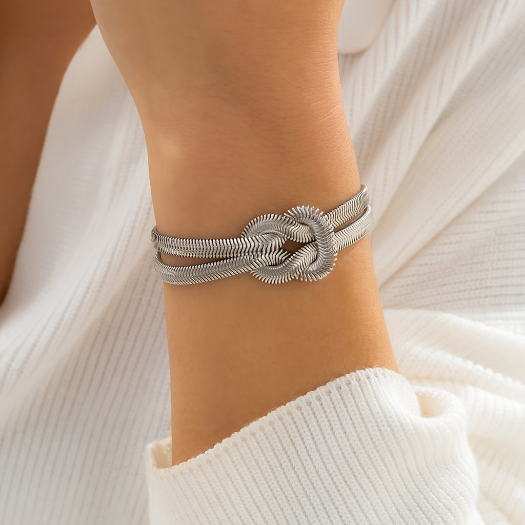 1pc Boho Hip Hop Style 925 Sterling Silver Double Layer Serpentine Chain Knot Bracelet for Women, Allergy-Free, Durable Silvery Plating, Perfect for Daily Wear And Holiday Celebrations, Ideal Christmas And Valentine'S Gift