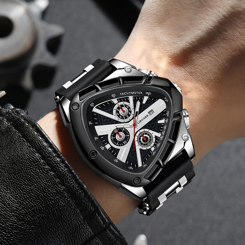 [Valentine's Father's Day Gift] 2pcs/set Luxury Sports Mens Watches For Men With Triangle Dial & Silicone Strap, Chronograph-like, Retro Square Dial & Faux Leather Starp Men Watches, Date Display, Dress Watch For Casual, Valentine's Father's Day Gift, Rel