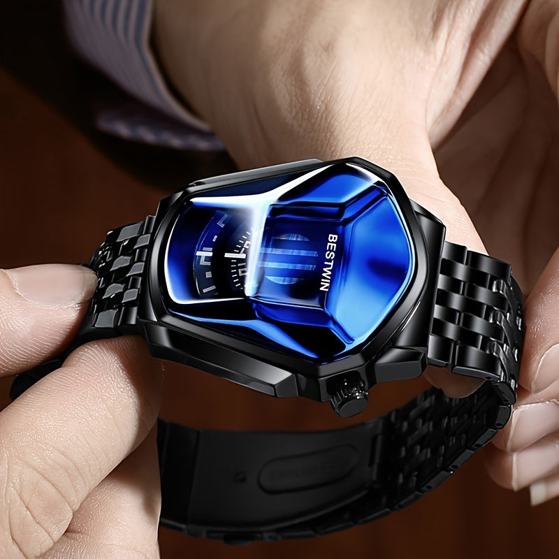 Unique Dashboard Design Men Watches Top Brand Fashion Blue Rhinestones Dial Steel Strap for Man Business Quartz Watch for Gifts